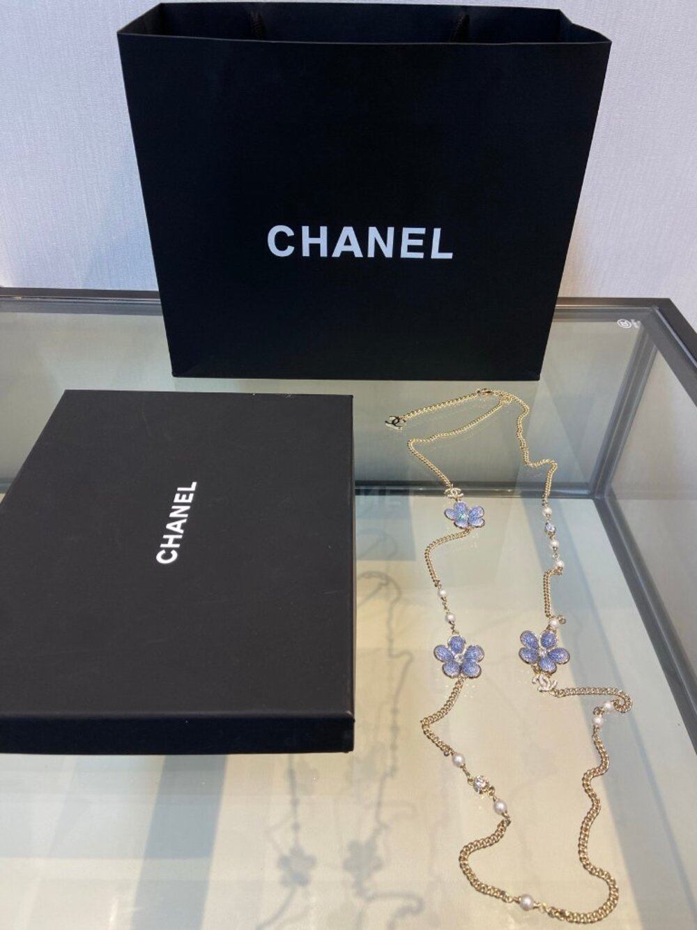 Chanel Gold-Tone Blue Enamel Flower Pearl Crystal Long Necklace - Picture 3 of 7